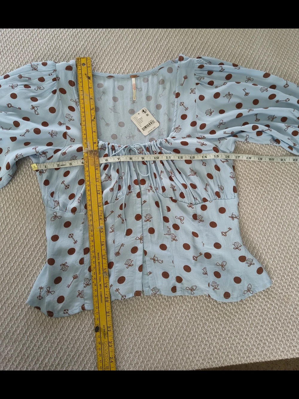 Free People Light Blue Polka Dot Tie-Front Puff Sleeve Top